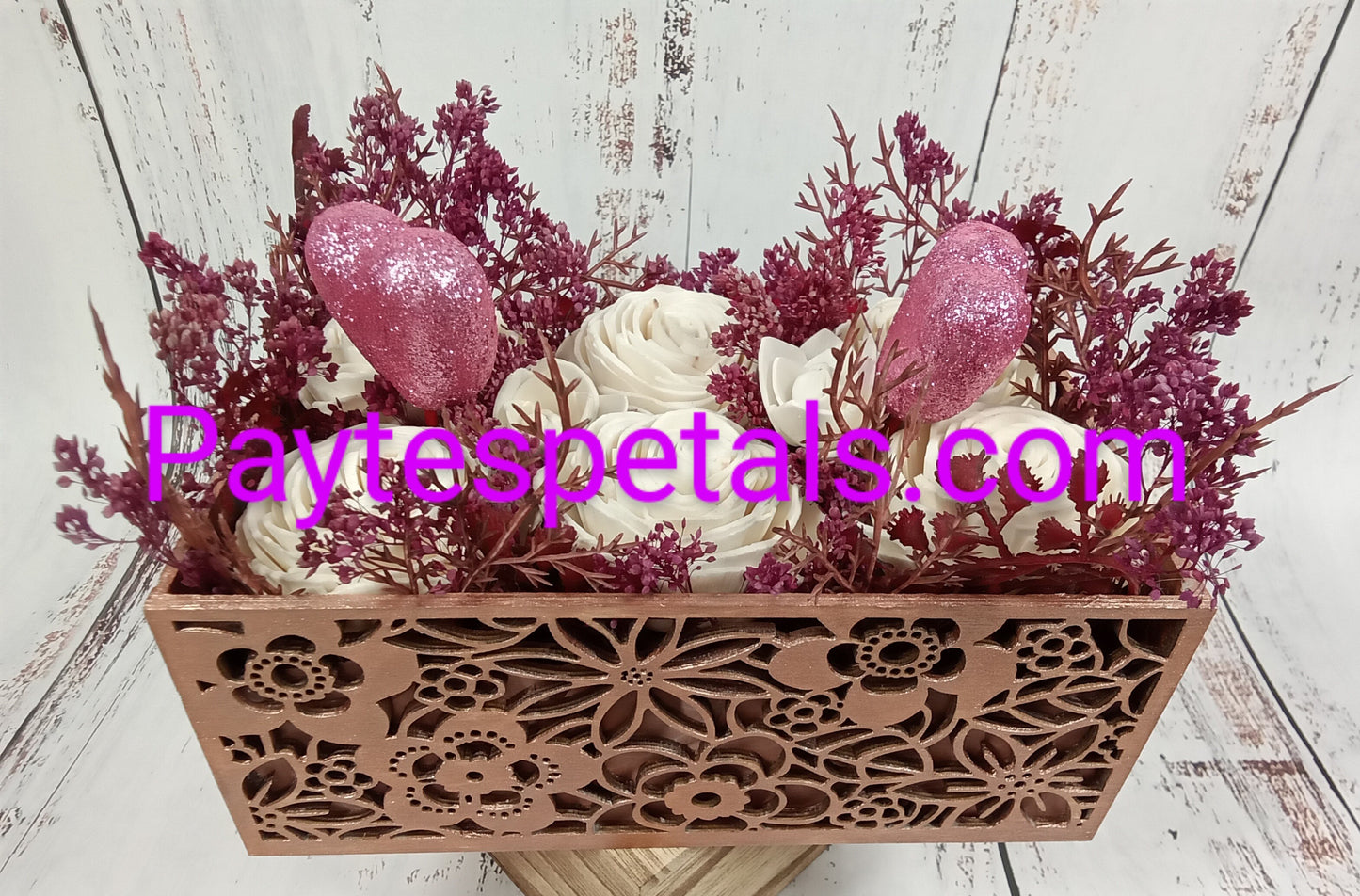 Rose Gold Roses Box  Etched box In Rose Gold color with raw Wood Flowers, Hearts and greenery