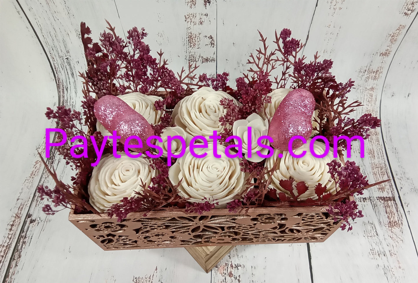Rose Gold Roses Box  Etched box In Rose Gold color with raw Wood Flowers, Hearts and greenery